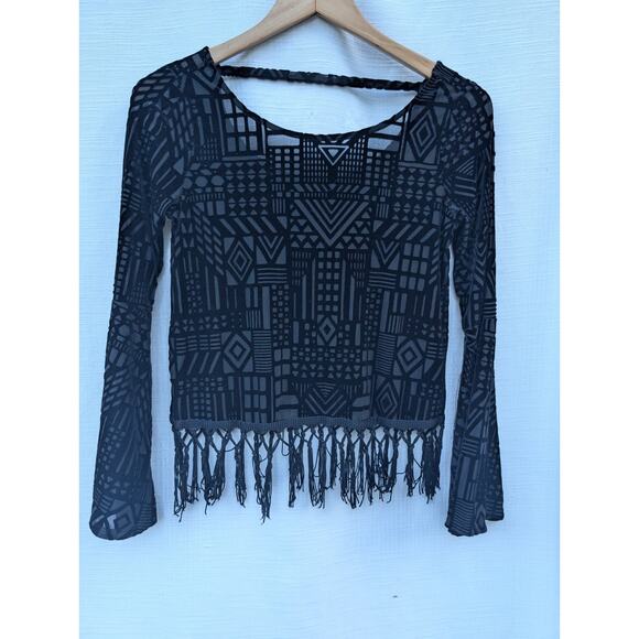 Monteau Womens bell sleeve velvet top S black geometric tassels boho Whimsigoth - Picture 3 of 7